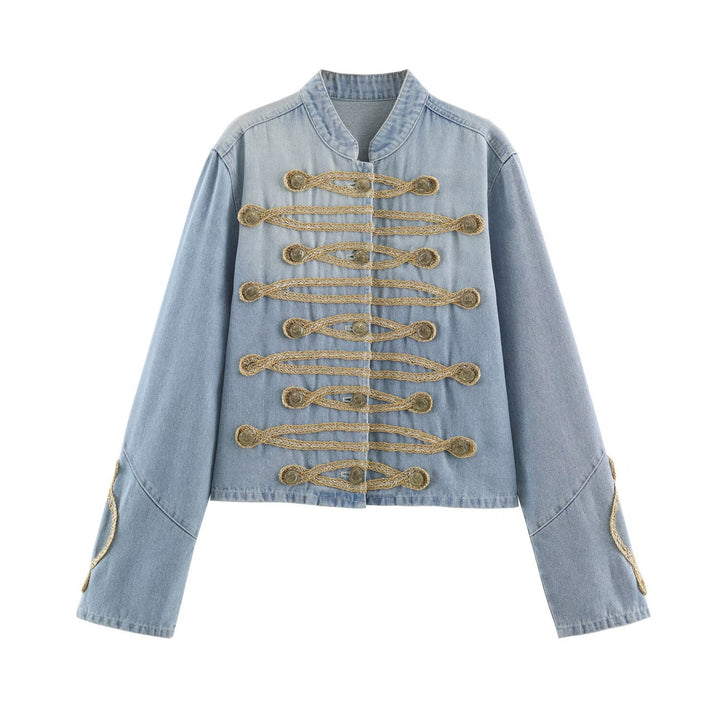 Ladies short-cut denim jacket in military style with decorative cord appliqués Mune Fashion