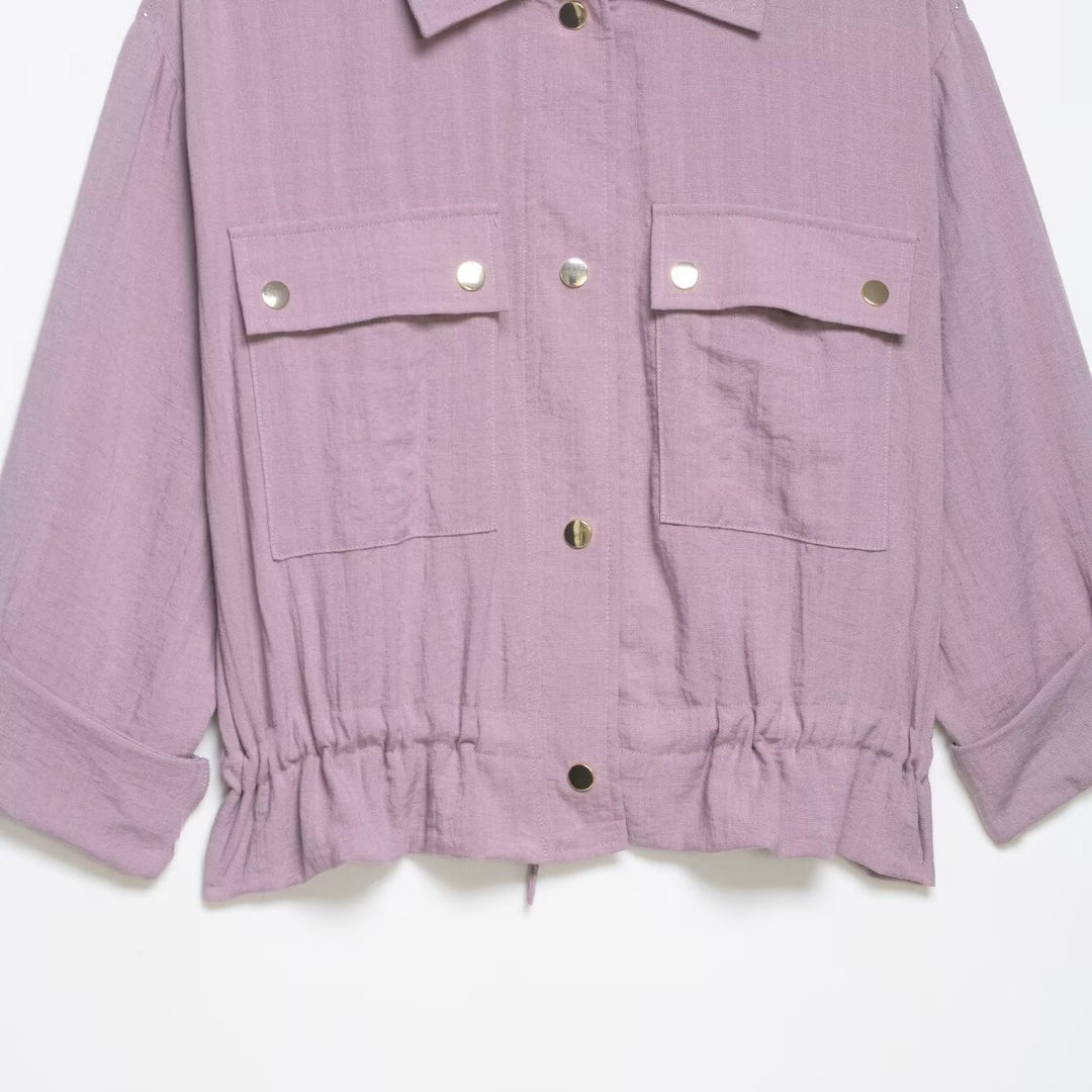 Women's Utility Overshirt Jacket with Drawstring and Patch Pockets Mune Fashion