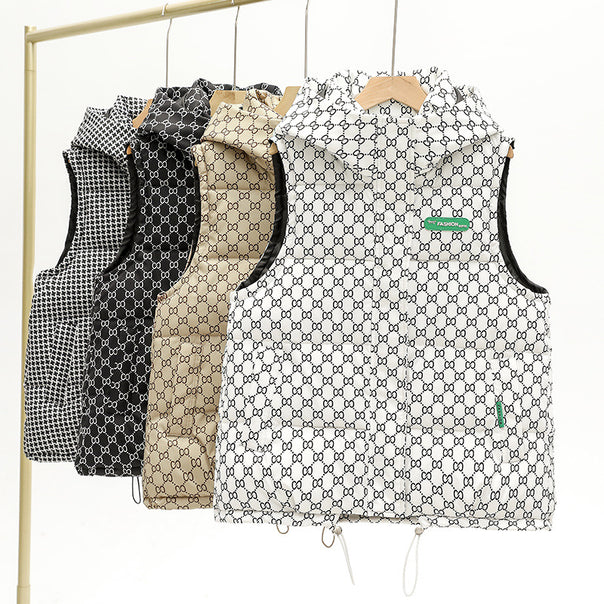 Women's quilted hooded vest with all-over logo print, padded insulation, adjustable hem, and concealed zip pockets Mune Fashion