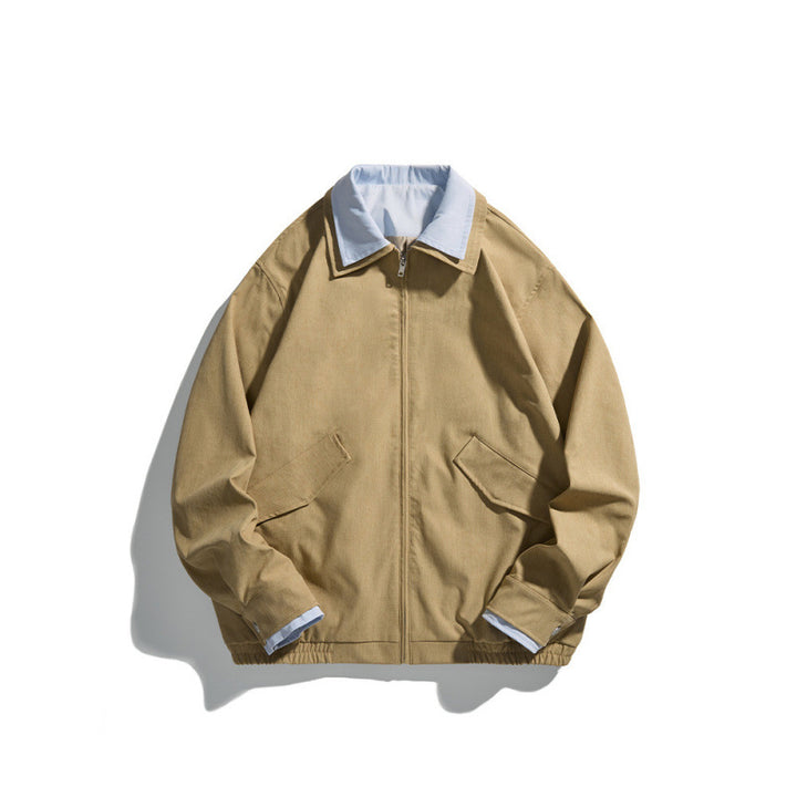 Men's Short-Cut Canvas Blouson Jacket in Workwear Look with Contrasting Shirt Collar Mune Fashion