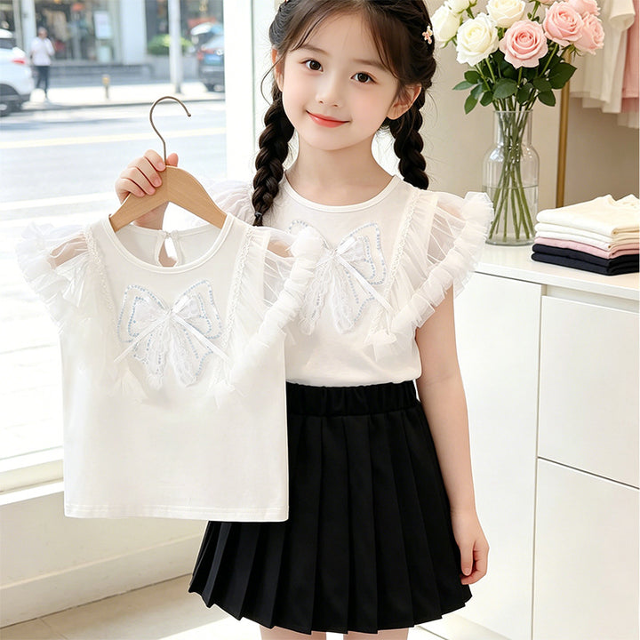 Girls T-shirt with elegant ruffle hems and bow motif Mune Fashion