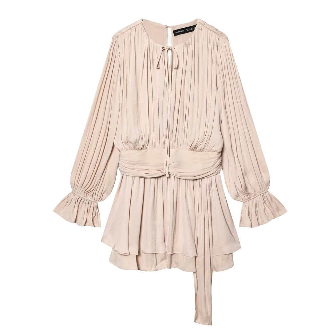 Women Pleated Wrap Dress with Ruffle Skirt and Balloon Sleeves Mune Fashion