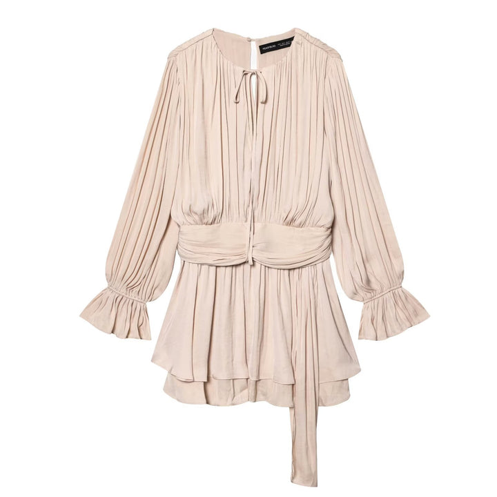 Women Pleated Wrap Dress with Ruffle Skirt and Balloon Sleeves Mune Fashion