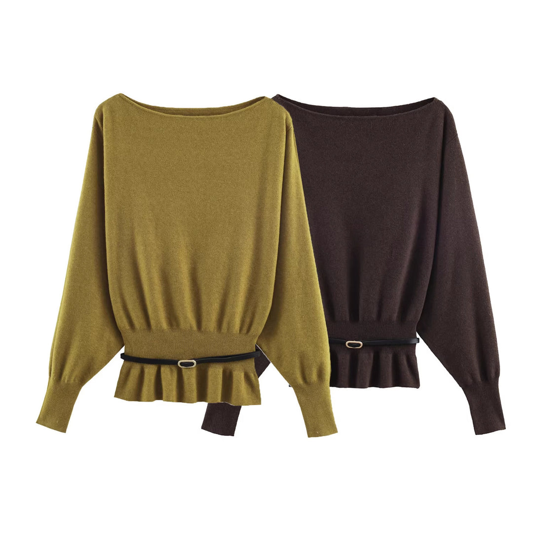 Women's Oversized Knit Sweater with Boat Neck, Batwing Sleeves, Gathered Ribbed Hem, and Waist Belt Mune Fashion
