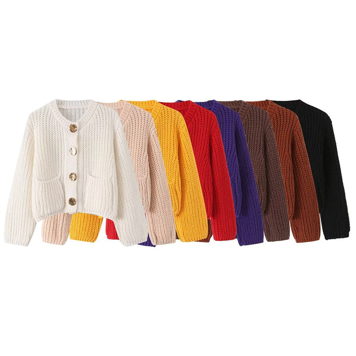 Women Chunky Knit Cropped Cardigan with Decorative Jewelry Buttons and Patch Pockets Mune Fashion
