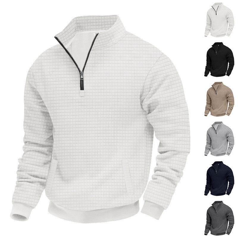 Men's waffle texture half-zip pullover with stand-up collar and subtle side pockets Mune Fashion