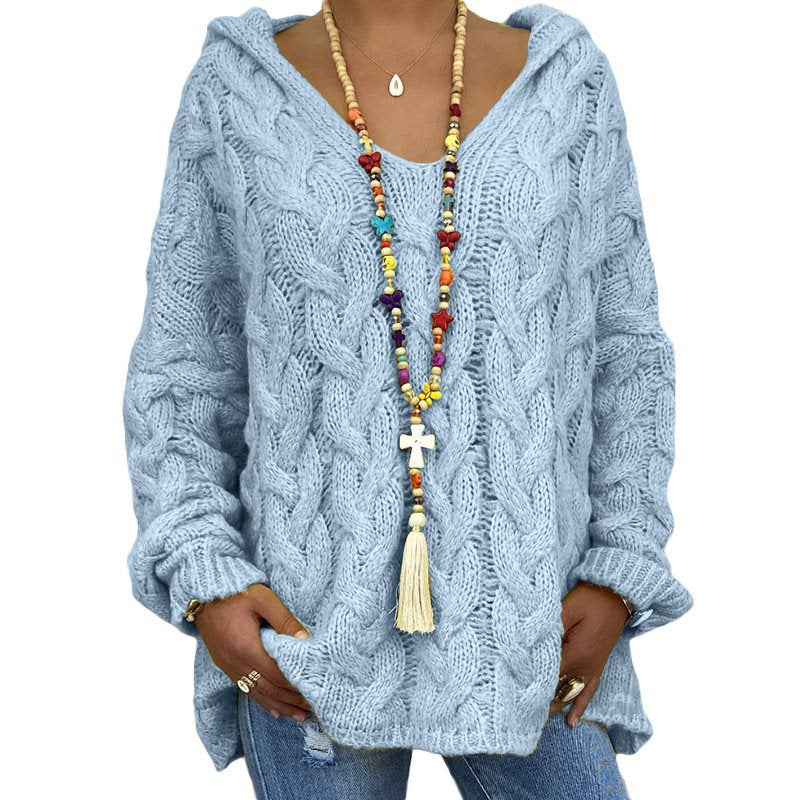 Women Oversized Cable Knit Sweater with Hood and Casual V-Neck Mune Fashion