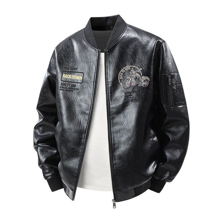 Men's Fashion Faux Leather Bomber Jacket with Detailed Embroidery Mune Fashion
