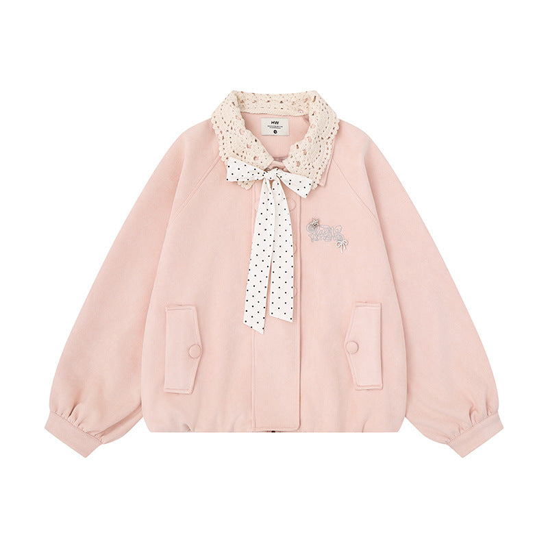 Women's Short Bomber Jacket with Crochet Collar and Ribbon Mune Fashion