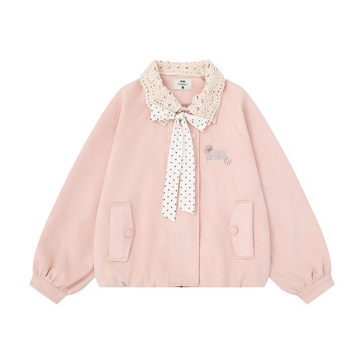 Women's Short Bomber Jacket with Crochet Collar and Ribbon Mune Fashion