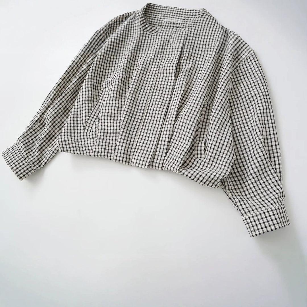 Women Oversized Short Blouson in Check Design with High Stand-Up Collar and Drawstring Hem Mune Fashion