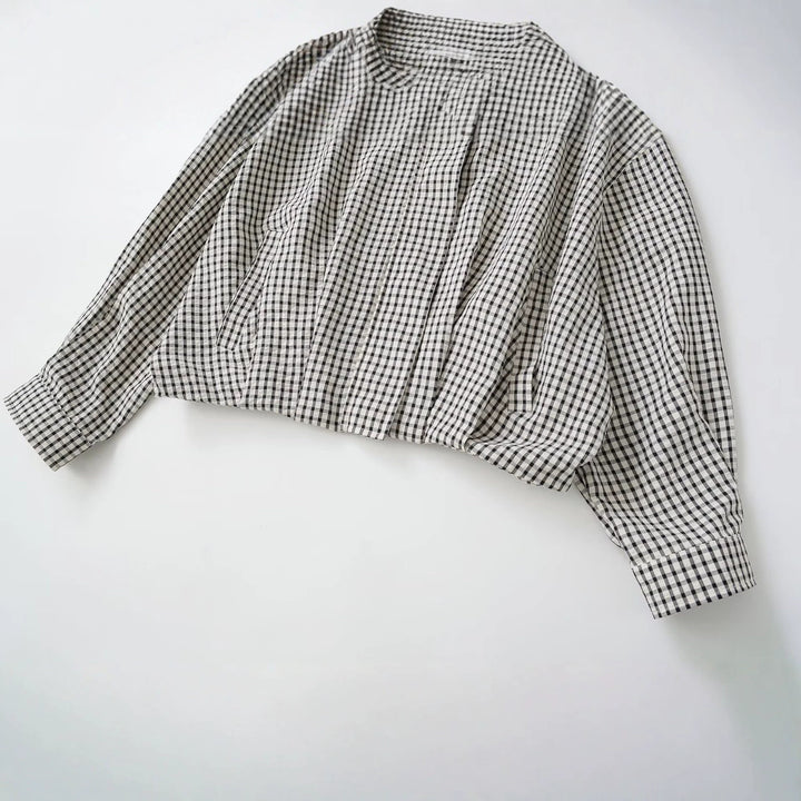 Women Oversized Short Blouson in Check Design with High Stand-Up Collar and Drawstring Hem Mune Fashion