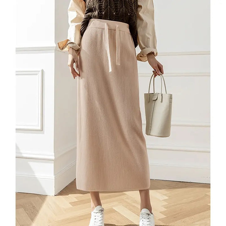 Ladies Elegant Ribbed Midi Skirt with Ties Mune Fashion