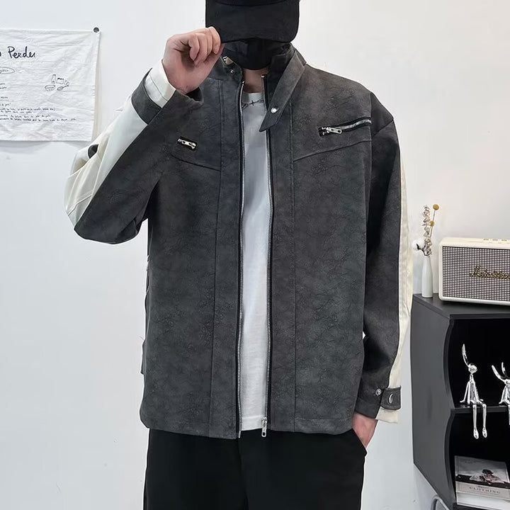 Men's Contrast Sleeveless Oversized Faux Leather Utility Jacket with Stand Collar Mune Fashion