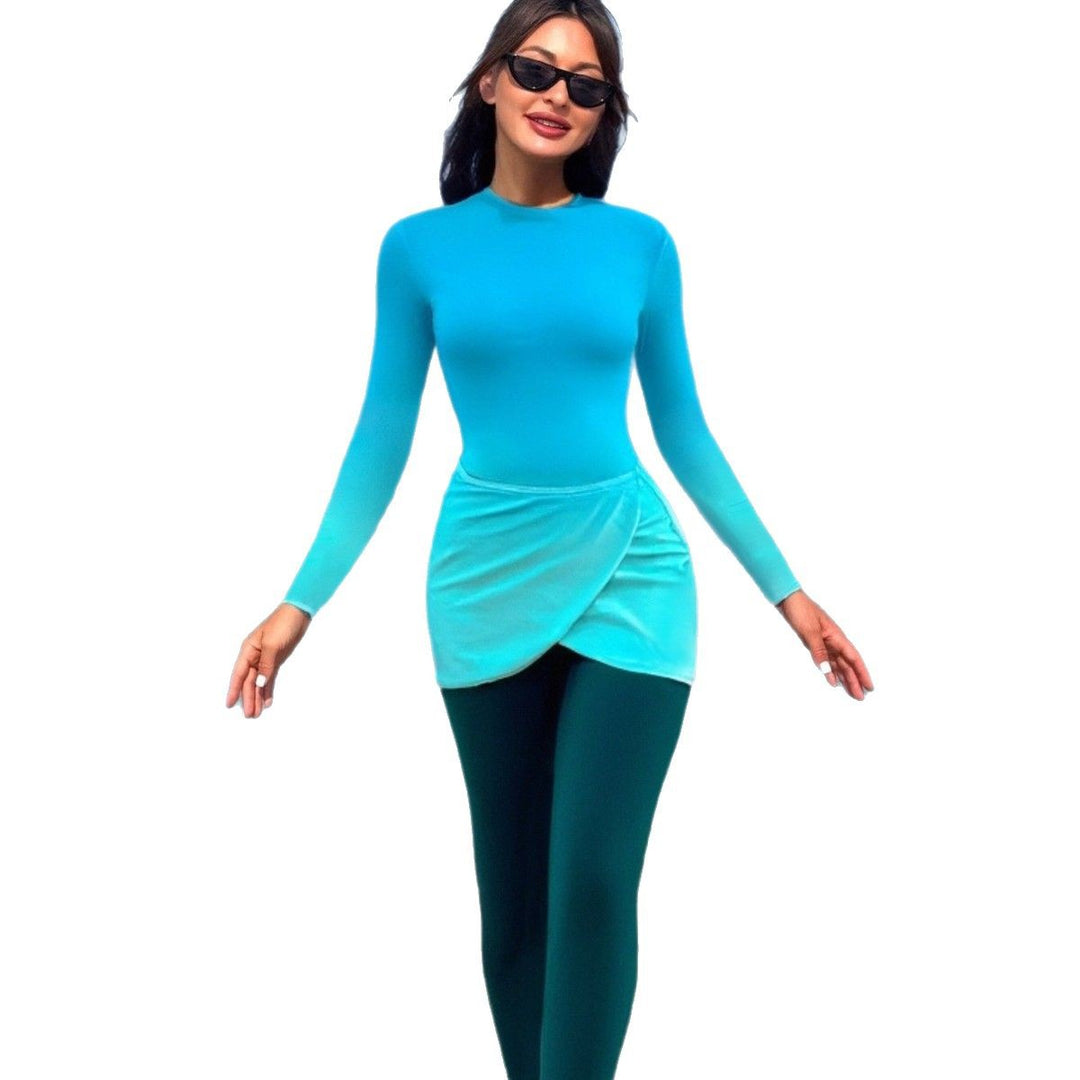 Women's Stylish Long Sleeve Swimsuit with Wrap Skirt Mune Fashion