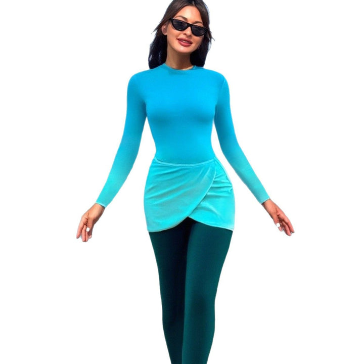 Women's Stylish Long Sleeve Swimsuit with Wrap Skirt Mune Fashion