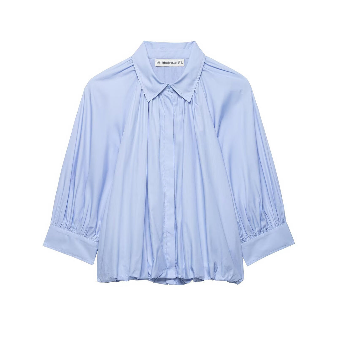 Women's Oversize Shirt Blouse with Pleats, Balloon Sleeves and Ruffled Hem Mune Fashion