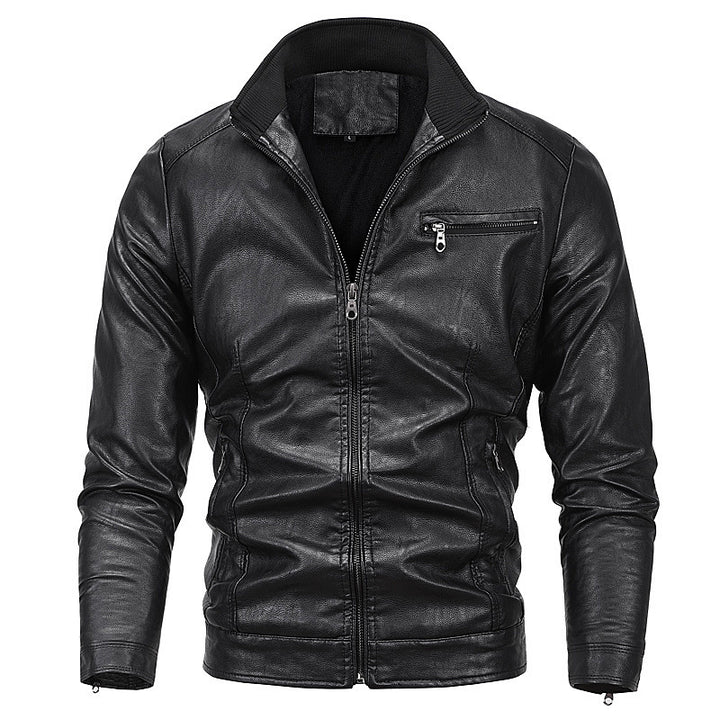 Men's Slim-Fit Faux Leather Blouson with Stand Collar and Zipper Pockets Mune Fashion