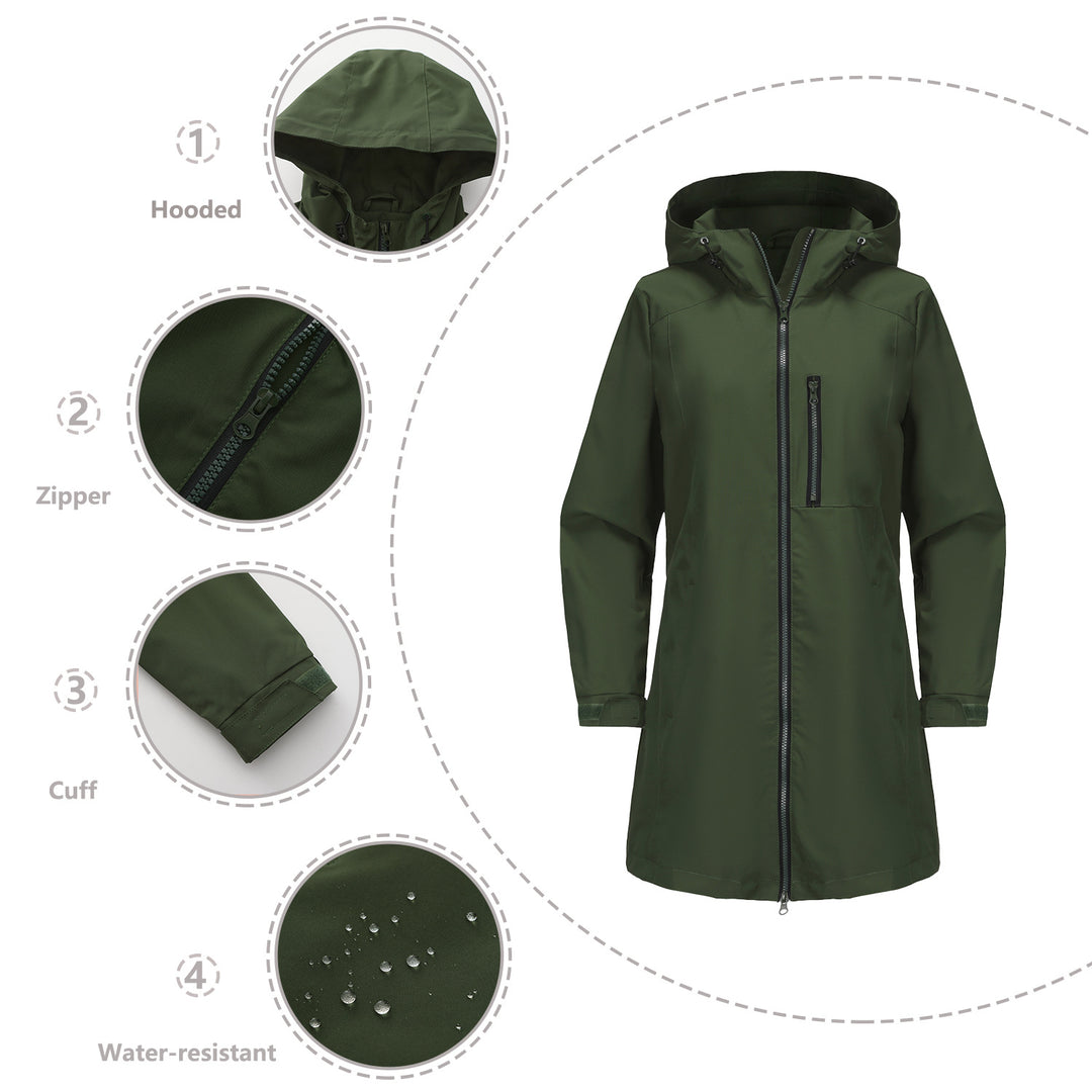 Women's waterproof long raincoat with hood and two-way zipper Mune Fashion