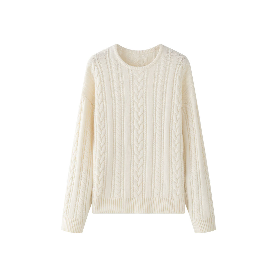 Women's Oversized Cable Knit Sweater with Round Neckline and Voluminous Sleeves Mune Fashion
