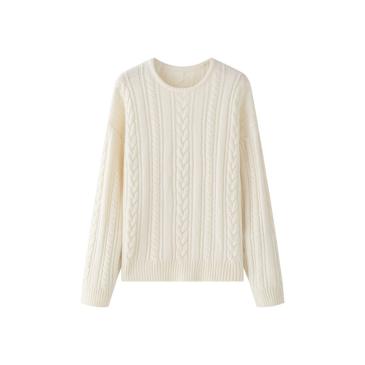 Women's Oversized Cable Knit Sweater with Round Neckline and Voluminous Sleeves Mune Fashion