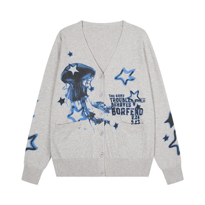Women's Button-Up V-Neck Cardigan with Allover Print, Side Pockets and Ribbed Hem