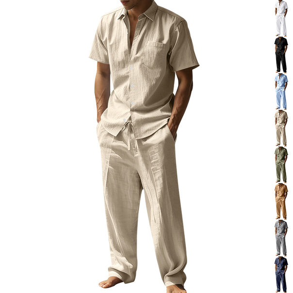 Men's resort-appropriate short-sleeve shirt with chest pocket and casual linen drawstring pants Mune Fashion
