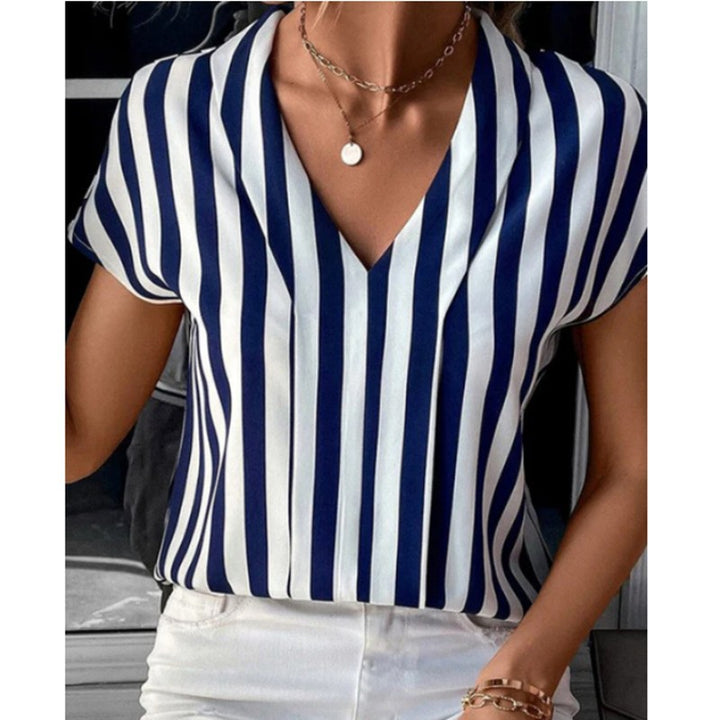 Women nan V-neck blouse with vertical stripe pattern and cap sleeves Mune Fashion