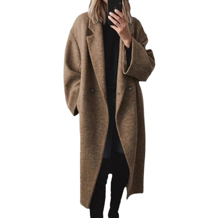 Women's Oversized Wool Blend Coat with Double-Breasted Button Placket, Wide Lapel Collar and Patch Pockets Mune Fashion