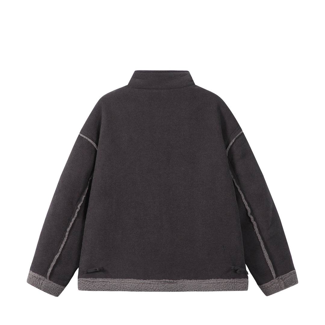 Unisex Short-cut Cord Jacket with Teddy Trim and Funnel Neck Mune Fashion