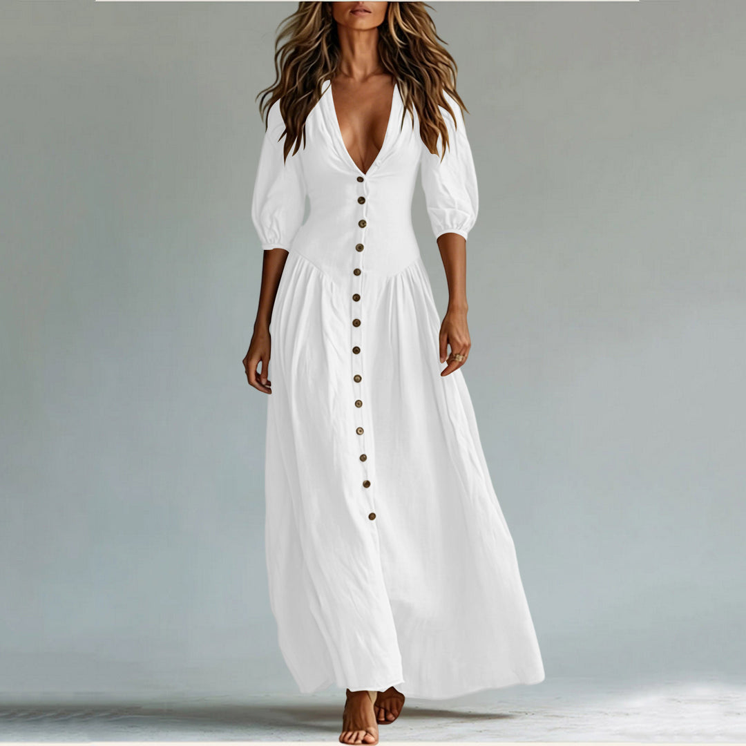 Ladies max dress with deep V-neck, button placket and balloon sleeves Mune Fashion