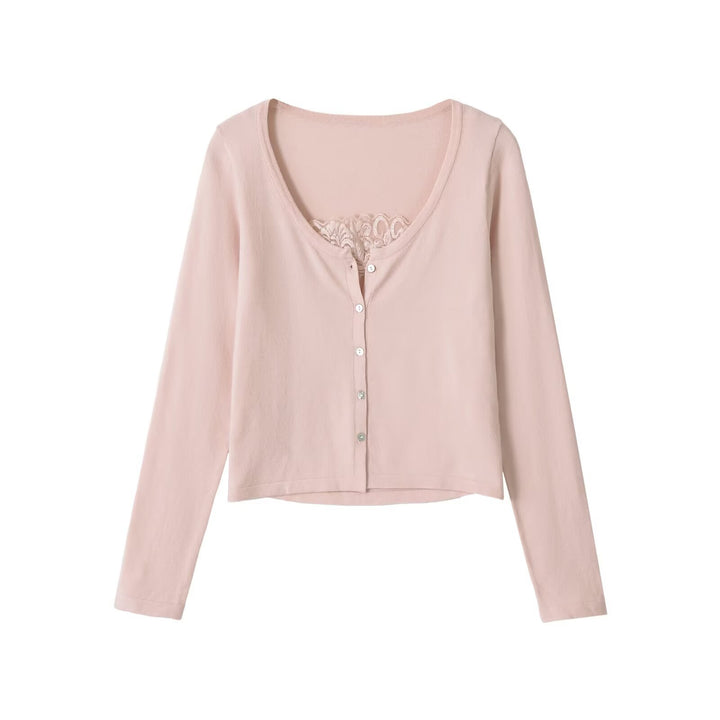 Women's short cardigan made of fine knit with V-neck, button placket, and lace insert Mune Fashion