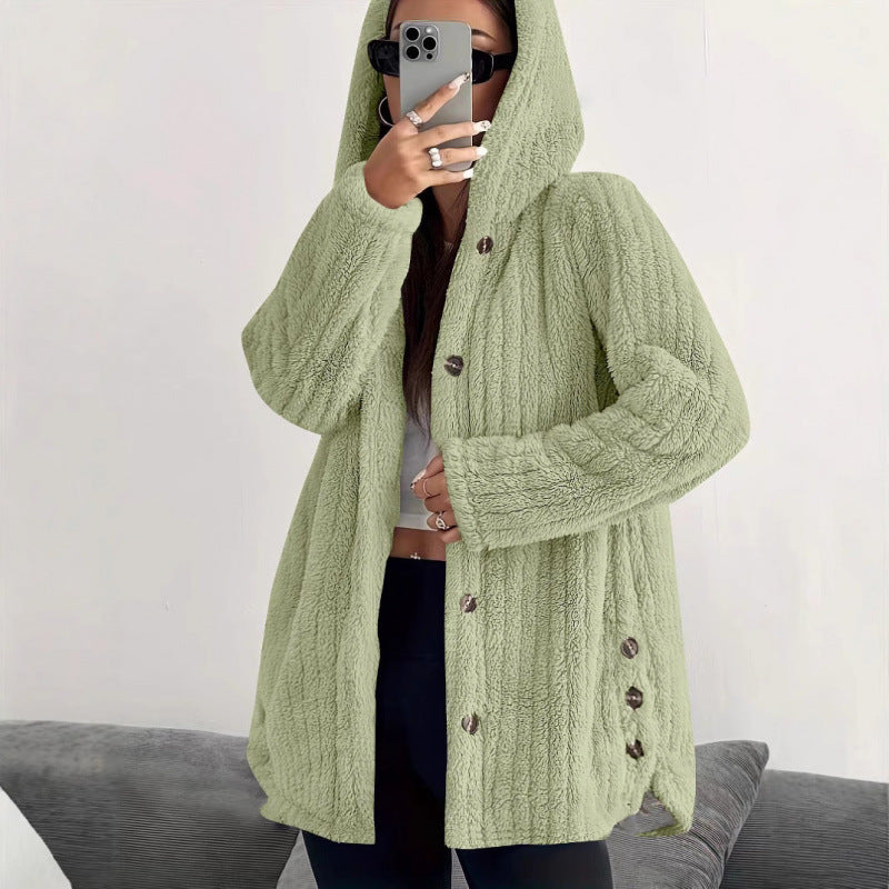 Women's Hooded Teddy Coat with Button Placket and Oversized Fit Mune Fashion