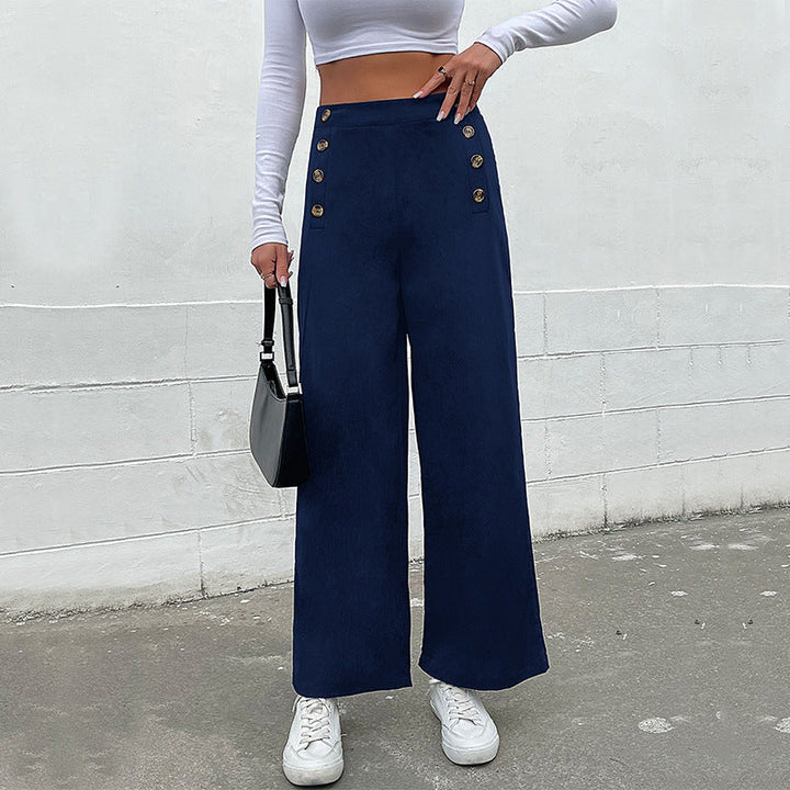 Women's High-Waisted Wide-Leg Pants with Maritime-Inspired Decorative Button Placket Mune Fashion