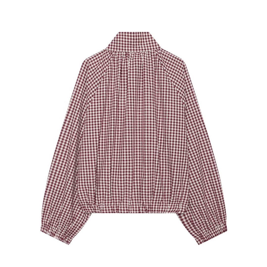 Women checked blouse with stand-up collar and drawstring hem Mune Fashion