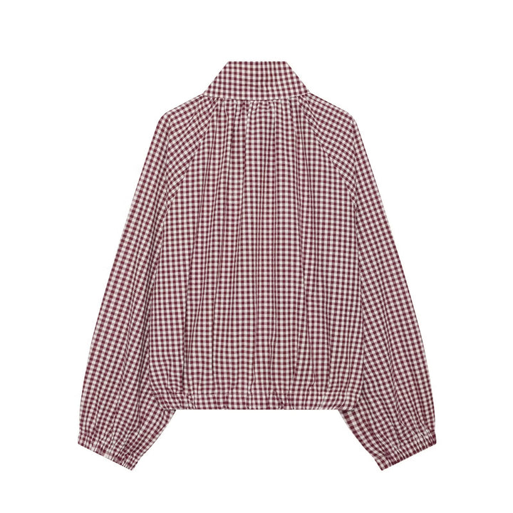 Women checked blouse with stand-up collar and drawstring hem Mune Fashion