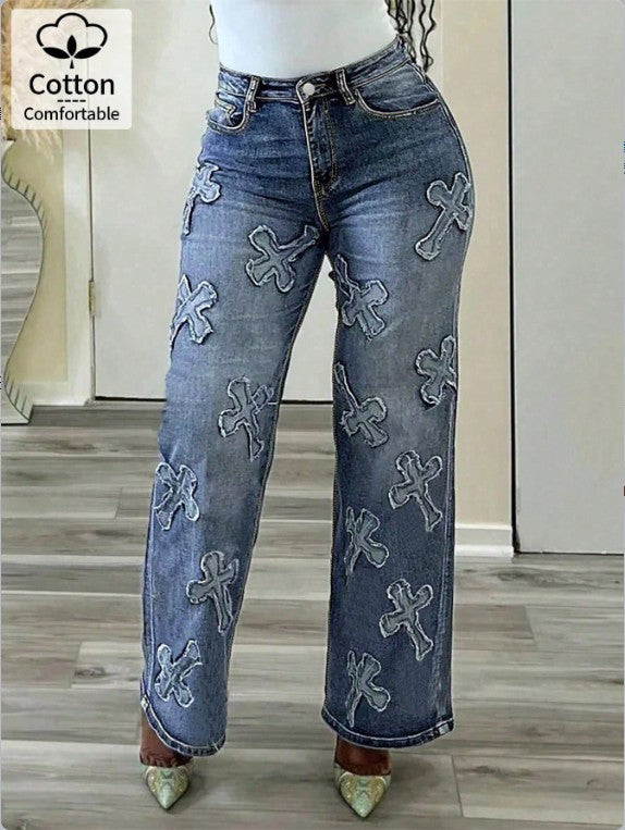 Women's high-waisted straight-cut jeans with cross appliqués made of cotton denim Mune Fashion