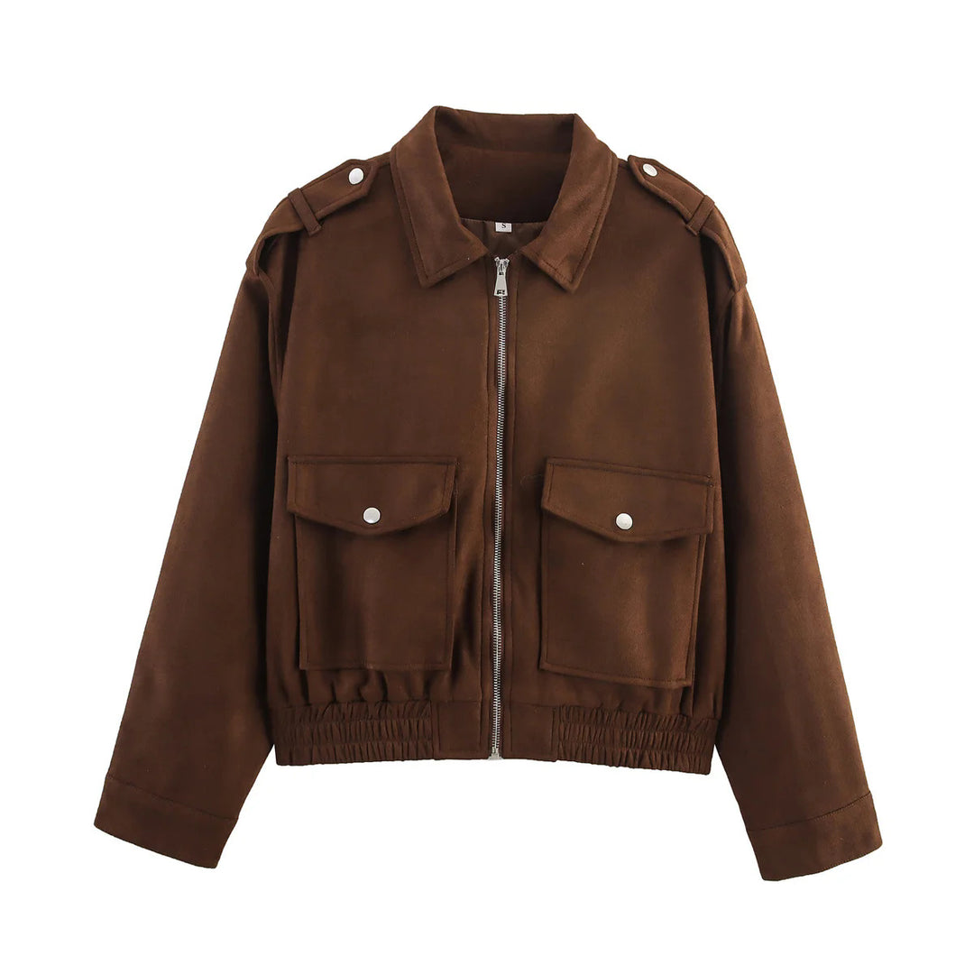 Women's cropped utility jacket with shoulder epaulettes, applied flap pockets, and elastic hem Mune Fashion