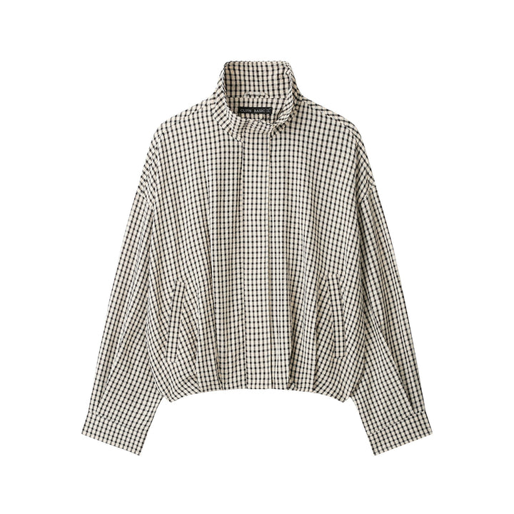 Women Check Cropped Oversized Jacket with Funnel Collar and Tulip Shape Mune Fashion