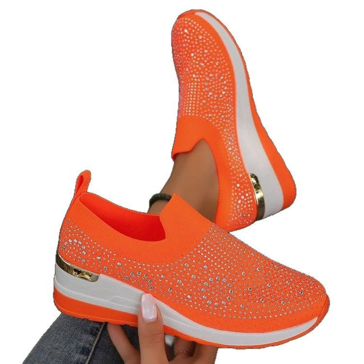 Women's knit slip-on sneakers with sparkling rhinestone trim, elastic entry, and cushioned platform sole Mune Fashion