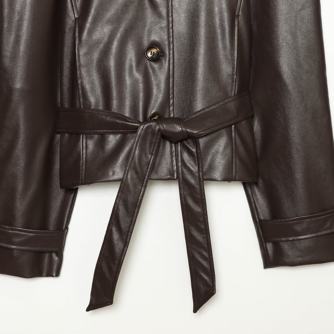 Women's Tailored Cropped Vegan Leather Jacket with Stand Collar and Tie Belt Mune Fashion