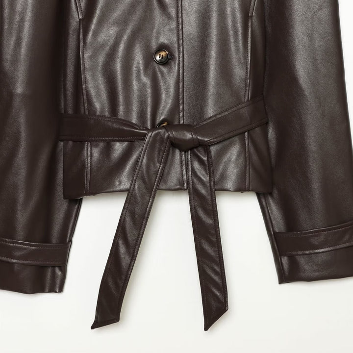 Women's Tailored Cropped Vegan Leather Jacket with Stand Collar and Tie Belt Mune Fashion