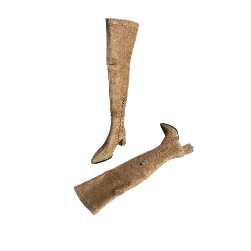 Ladies Over-the-knee Boots with pointed toe, elastic shaft and sculpted block heel Mune Fashion