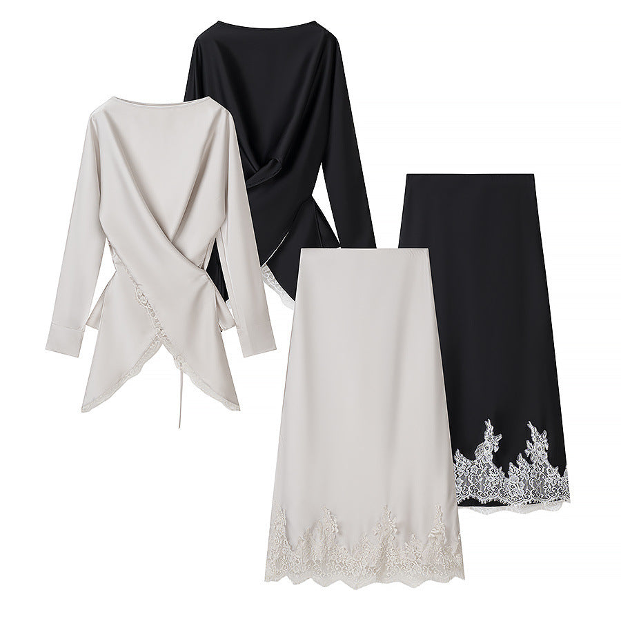 Women Two-Piece Satin Set with Wrap Blouse and Midi Skirt with Lace Trim Mune Fashion