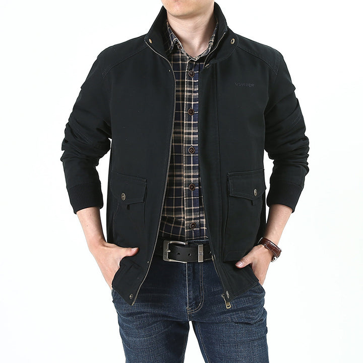 Men's Canvas Field Jacket in Bomber Style with Ribbed Cuffs, Flap Pockets, and Printed Inner Lining Mune Fashion