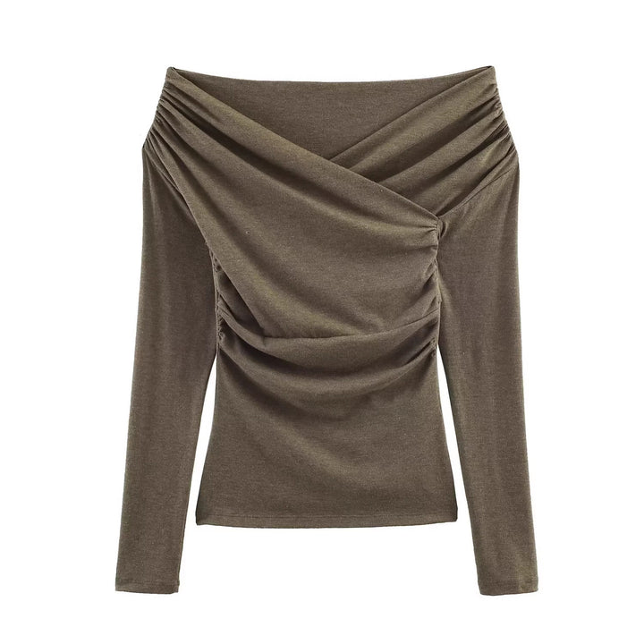 Women Off-Shoulder Gathered Long Sleeve Top with Wrap Draping Mune Fashion