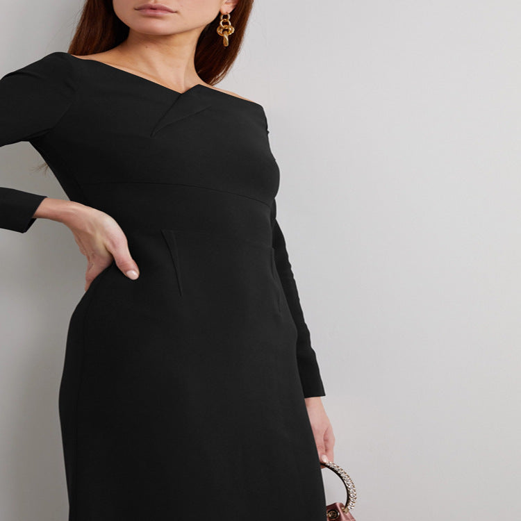 Women's Off-Shoulder Midi Dress in Fitted Sheath Dress Cut Mune Fashion