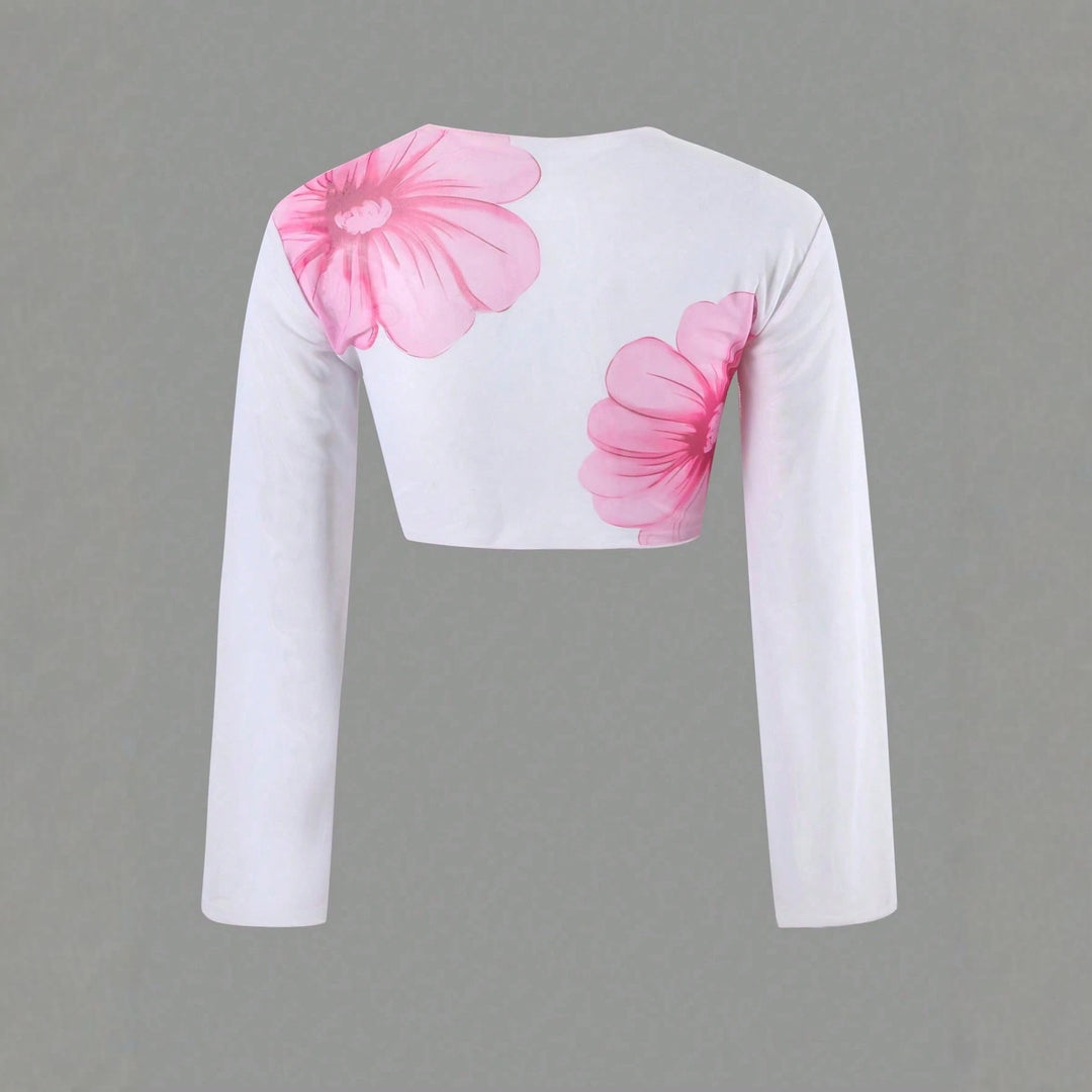Women's bikini set with floral wrap cloth and long-sleeved top Mune Fashion