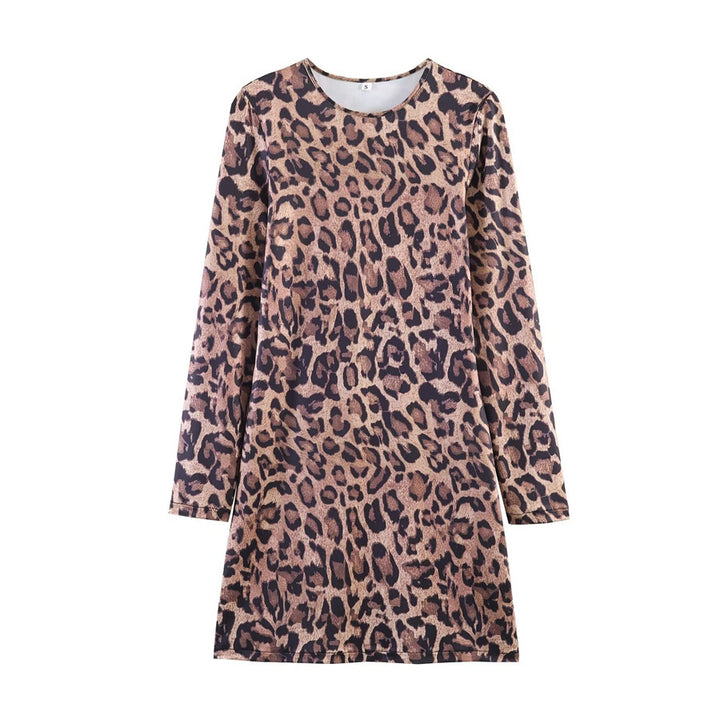 Women’s leopard print mini dress with round neckline, long sleeves, and A-line silhouette Mune Fashion