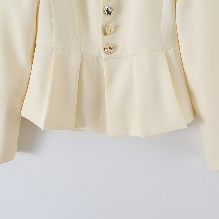 Women's Tailored Peplum Blazer with Stand Collar and Decorative Button Placket Mune Fashion